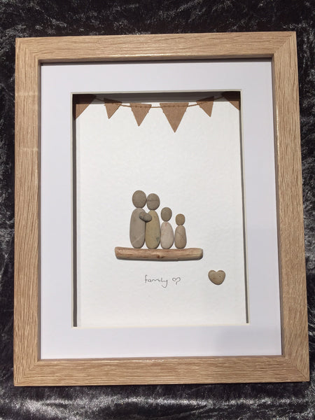 Family 4 pebble picture in a stand up frame with bunting