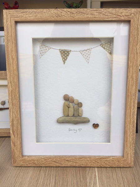 Family 4 pebble picture in a stand up frame with bunting
