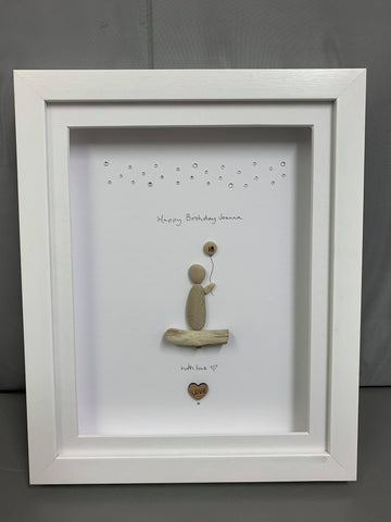 Happy Birthday Day design, Pebble person holding a Balloon